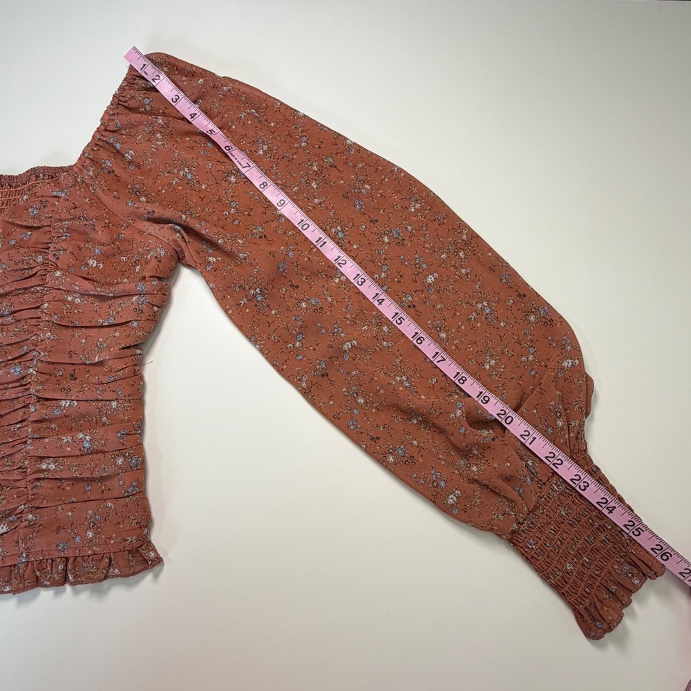Promesa Rust Floral Ruched Long Sleeve‎ Blouse Square Neck Smocked Cuff Medium - Picture 8 of 11